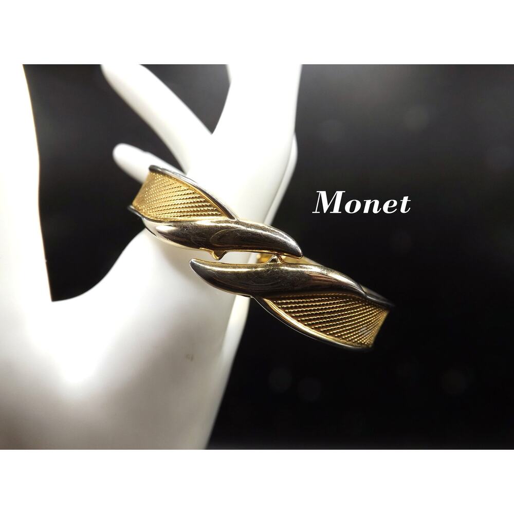 Vintage Monet Mesh Finish Hinged Bracelet, Gold Plated Bangle, 1960s